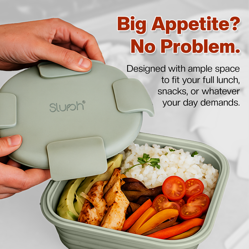 Green Collapsible silicone boxes with food inside, labeled 'Slursh', on a white background with promotional text.
