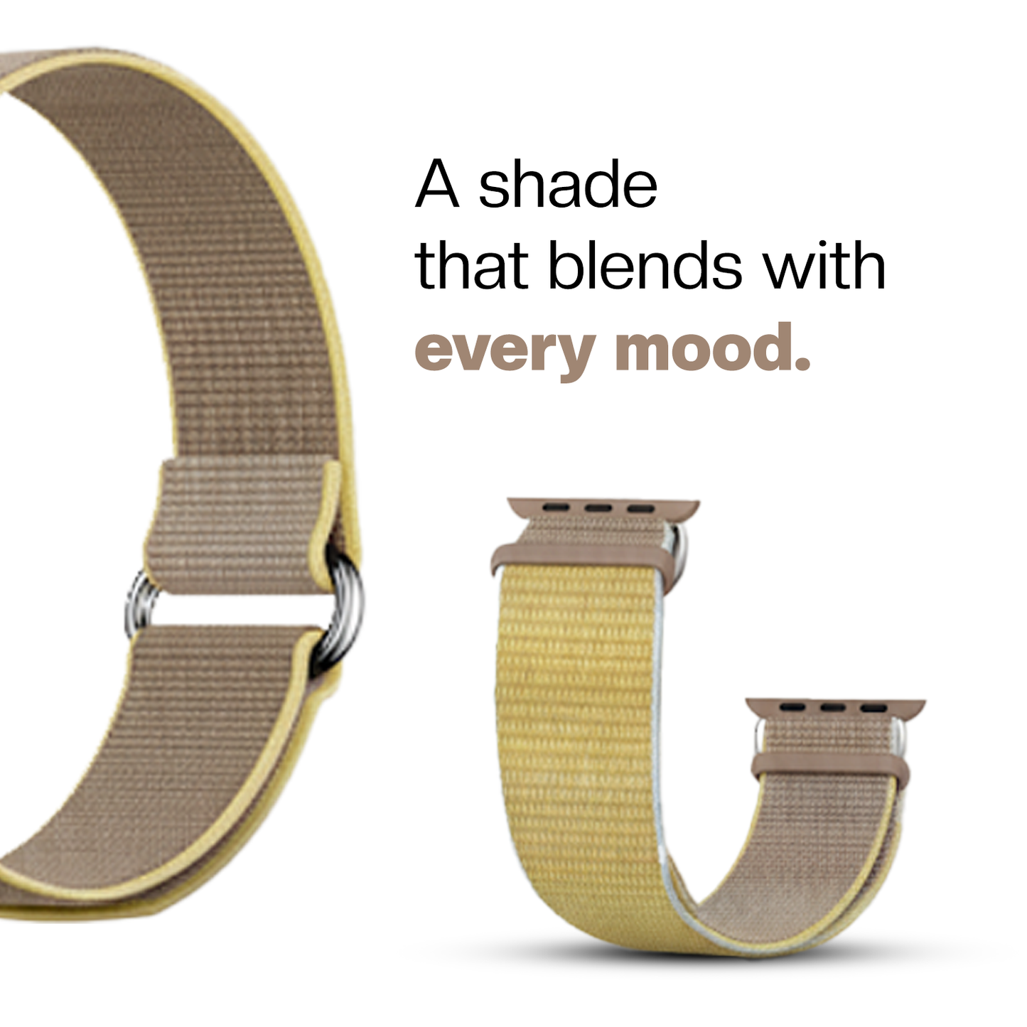 Beige color fitness tracker strap with text 'A shade that blends with every mood.'