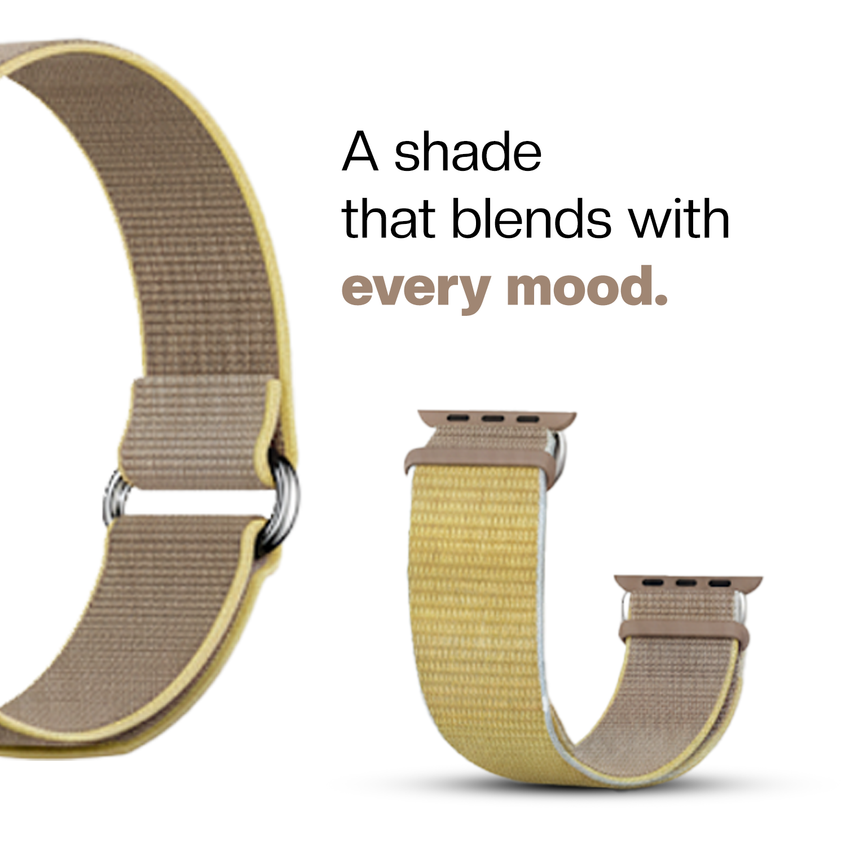 Beige color fitness tracker strap with text 'A shade that blends with every mood.'