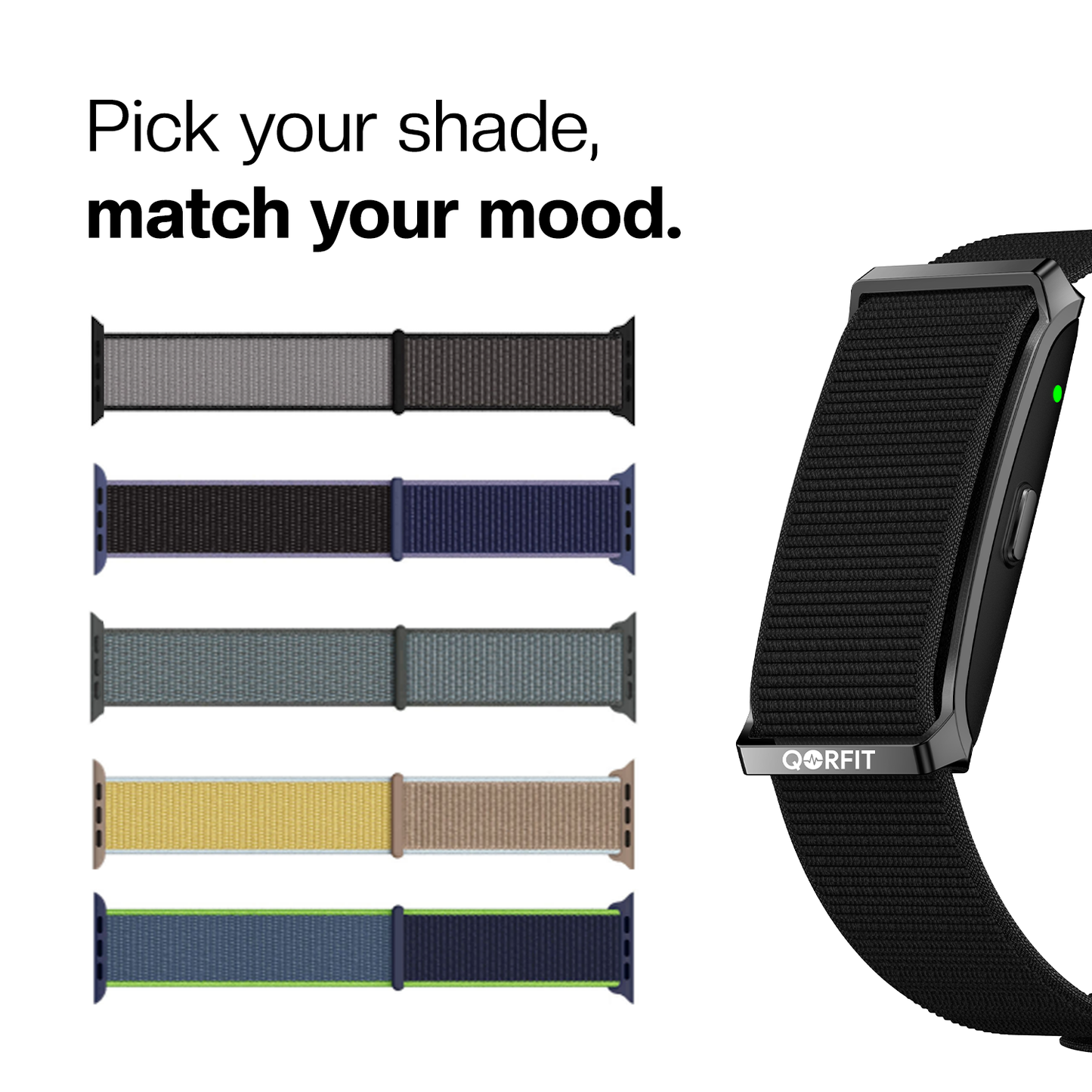 Set of smart health tracker straps in various colors with a Qorfit pulse smart health tracker on a white background.