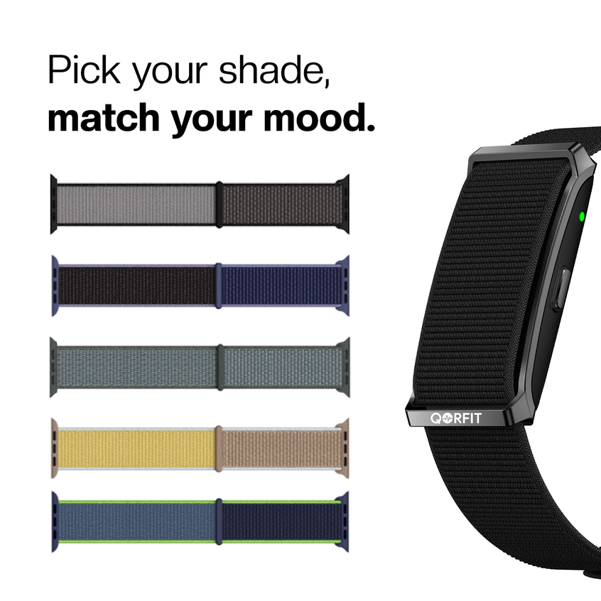 Set of smart health tracker straps in various colors with a Qorfit pulse smart health tracker on a white background.