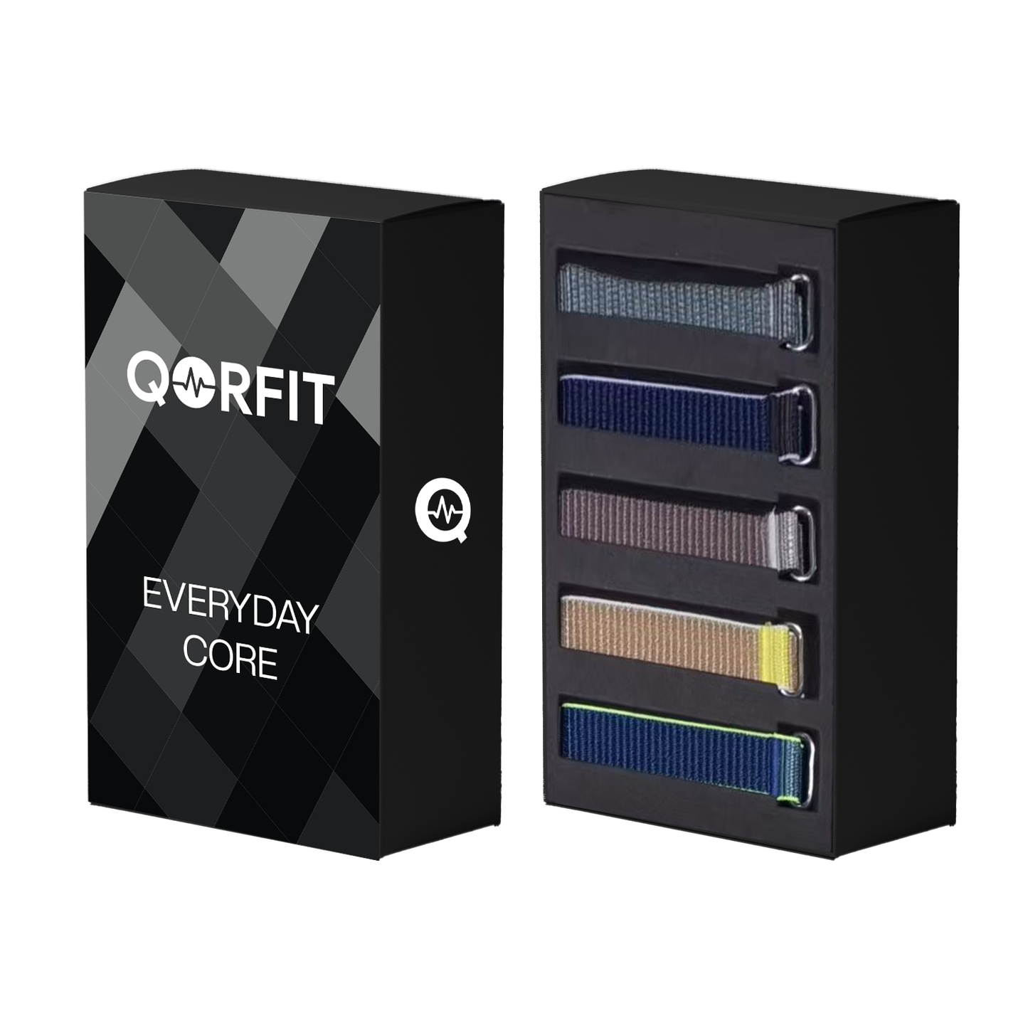 Qorfit Everyday Core Straps with black box and visible different minimal color straps inside on a white background