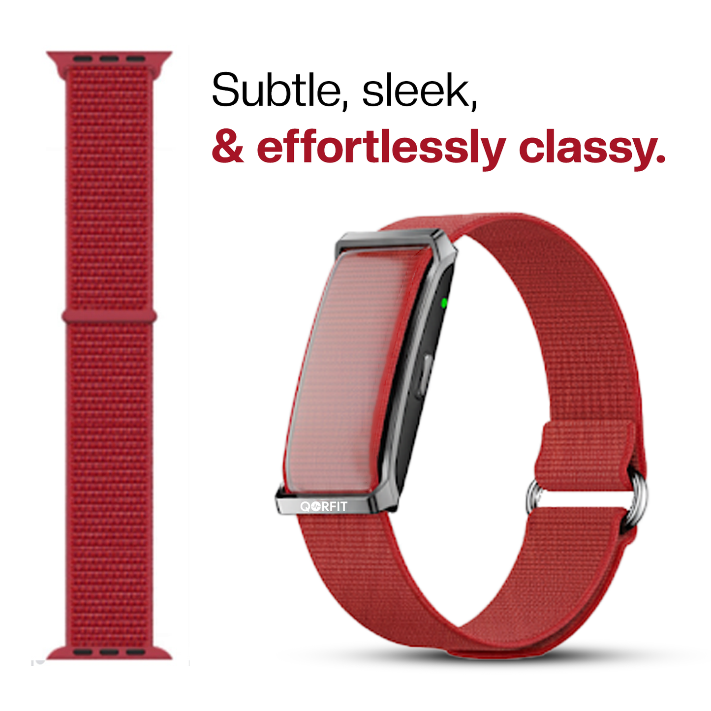 Red smart health  strap with Qorfit Smart Health Tracker on a white background, featuring text 'Subtle, sleek, & effortlessly classy.'