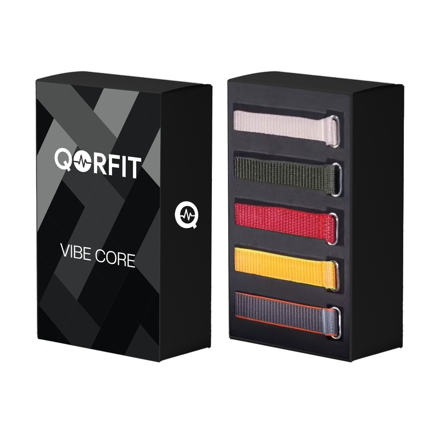 Qorfit Vibe Core Straps packaging with vibrant colorful straps displayed on a white background