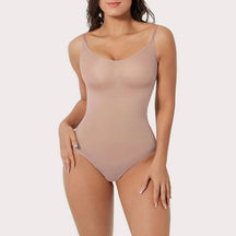 Beige Skimmylo Snatched Shapewear Bodysuit worn by a model on a white background