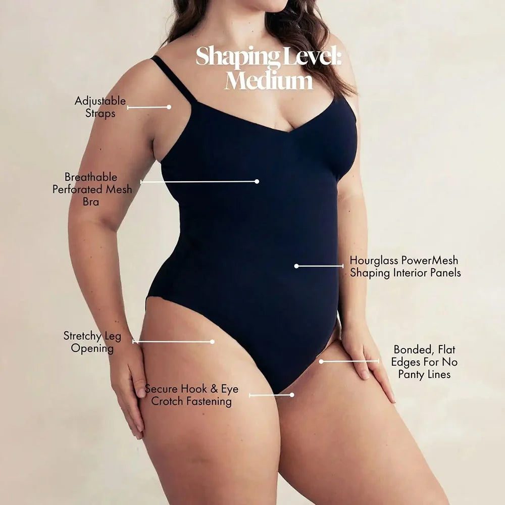 Black Skimmylo Snatched Shapewear Bodysuit with labeled features on a beige background